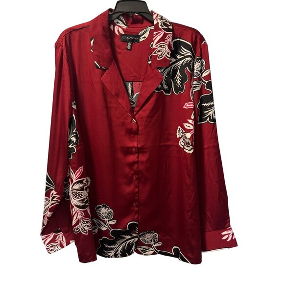 Rafaella Floral Button-Up Blouse Size 2X 100% Polyester Long-Sleeve Rhubarb Colo - Picture 1 of 12